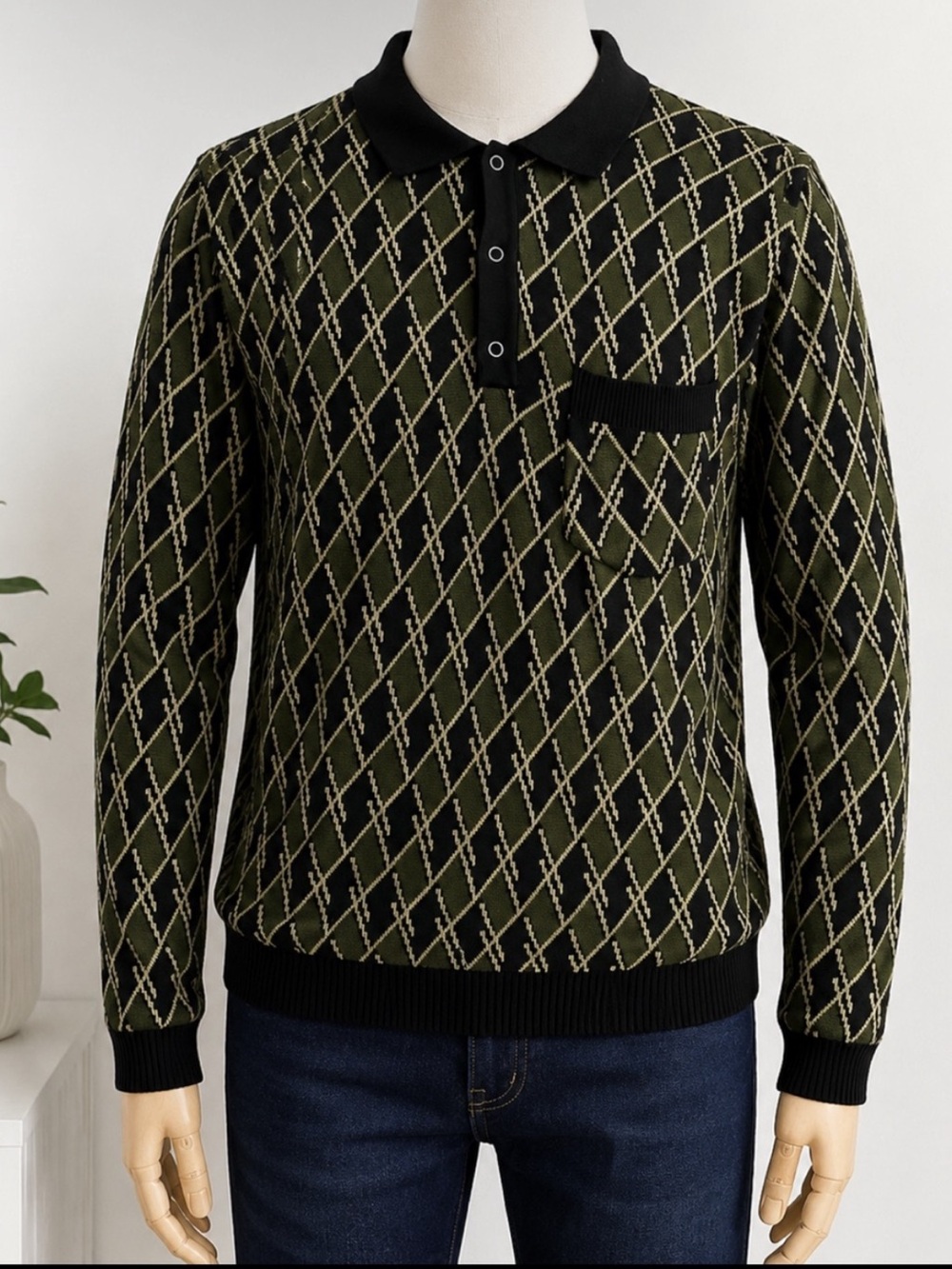 Percival Men's Olive Argyle Knit Polo Cotton Sweater Size Large